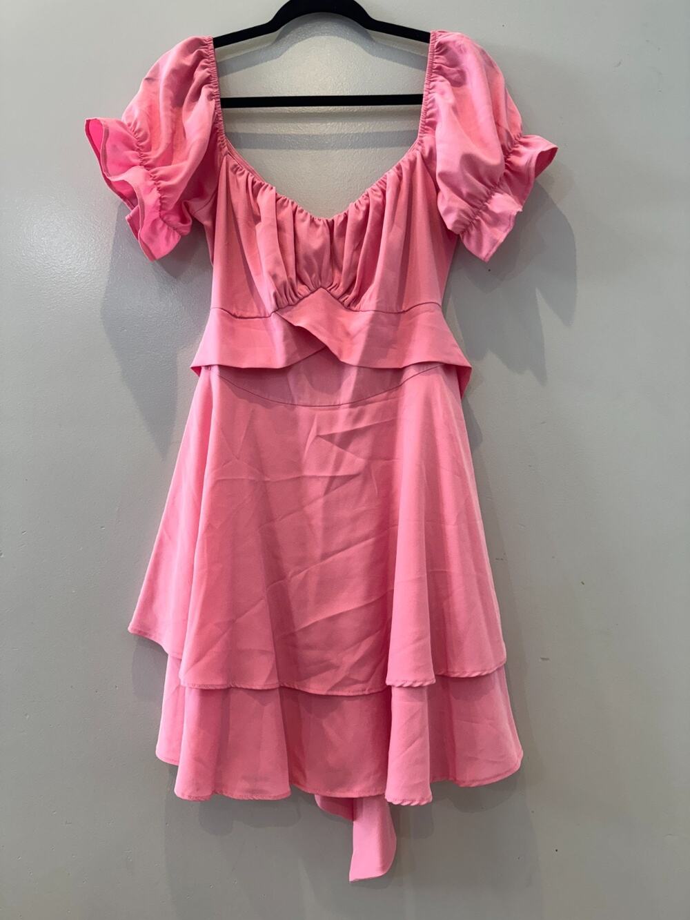 Lyaner Pink Mini Dress Women’s Large Puff Sleeve Tie Back Fit Flare